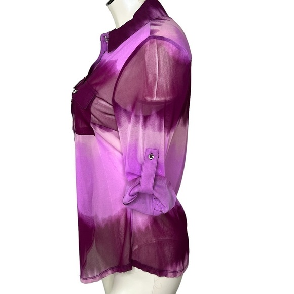 INC International Concepts Sheer Purple Tie Dye Rhinestone Button Top Women M - Picture 3 of 13
